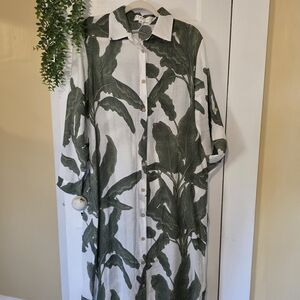 Green Leaf Print Long Sleeve Dress